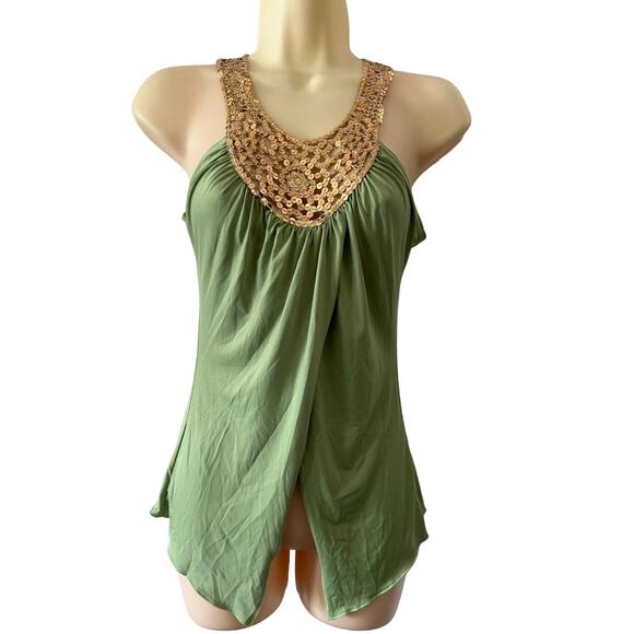 Vintage Fredericks of Hollywood Green/Gold Sequin Knit Top Blouse Size Small - Picture 1 of 8